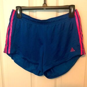 Adidas mesh shorts. Blue with hot pink stripes.